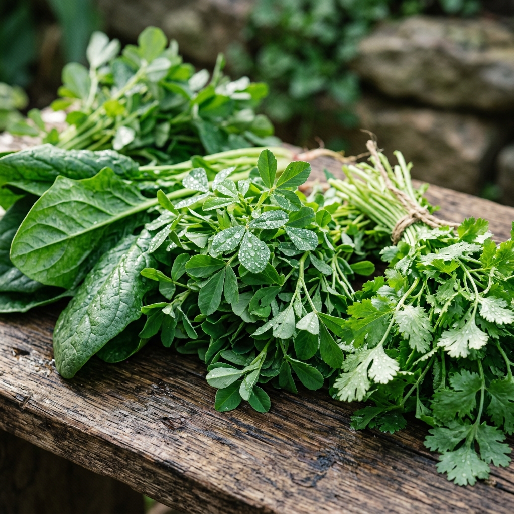 Fresh tender spinach and farm greens