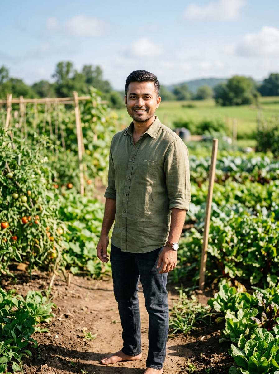 bagichaFRESH Founder standing in sunlit farm field